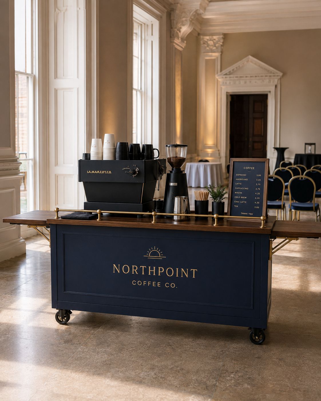 Northpoint coffee cart in navy and gold set up in an elegant event venue ahead of a corporate celebration