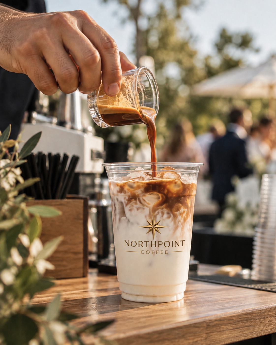 Espresso poured over iced milk in a branded Northpoint cup at an outdoor event