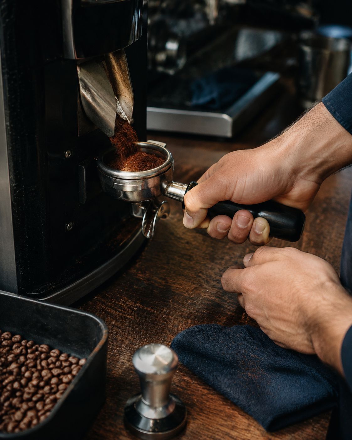 Barista grinding freshly roasted coffee into a portafilter
