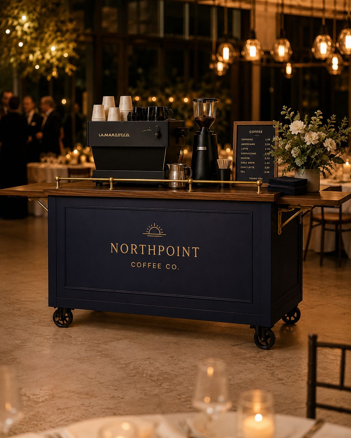 Navy and gold Northpoint coffee cart with espresso machine and menu board set up at an evening corporate event
