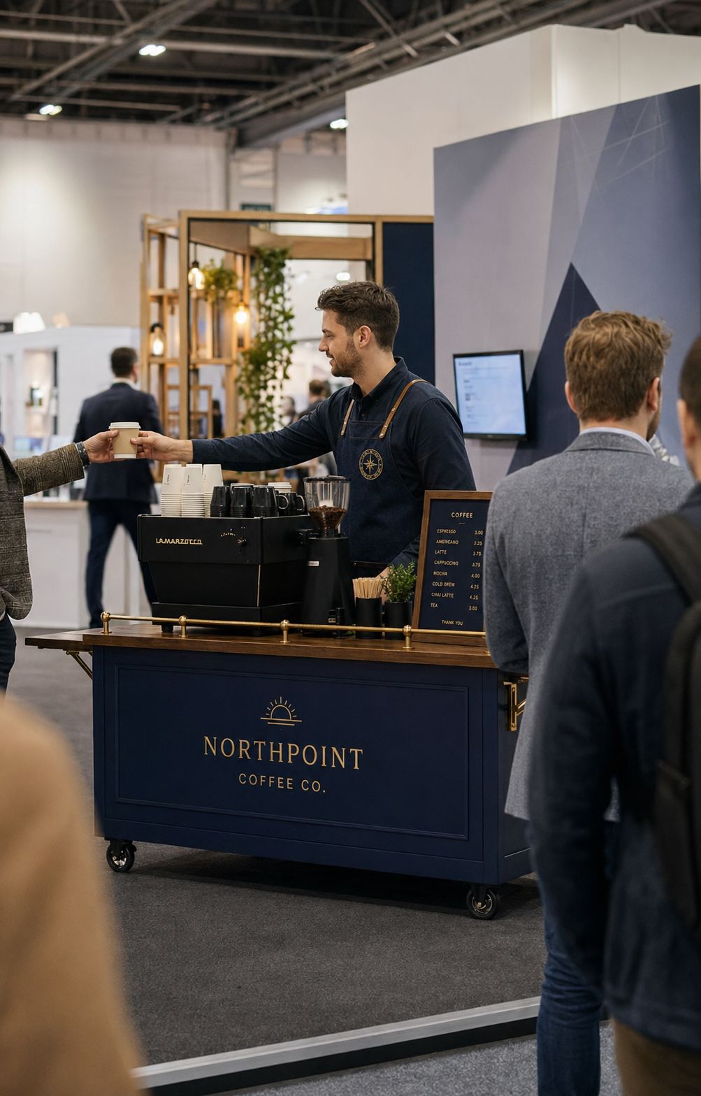 Northpoint barista handing a coffee to a guest at a busy automotive trade event