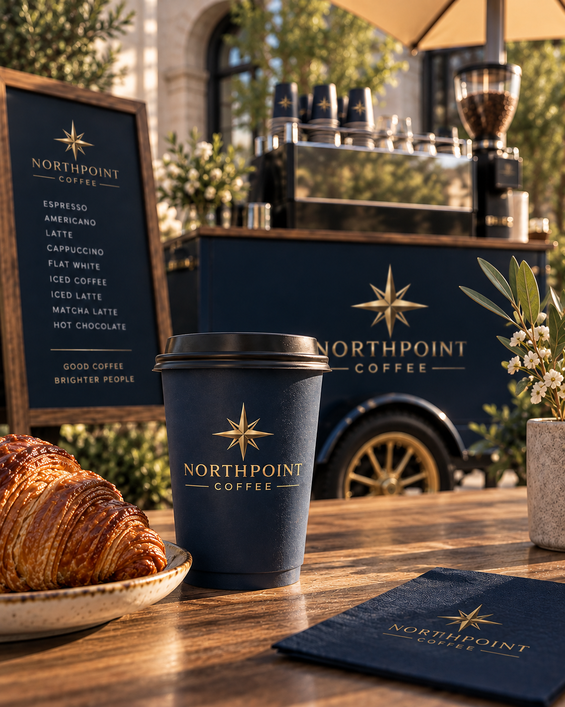 Branded Northpoint coffee cart serving exhibition guests