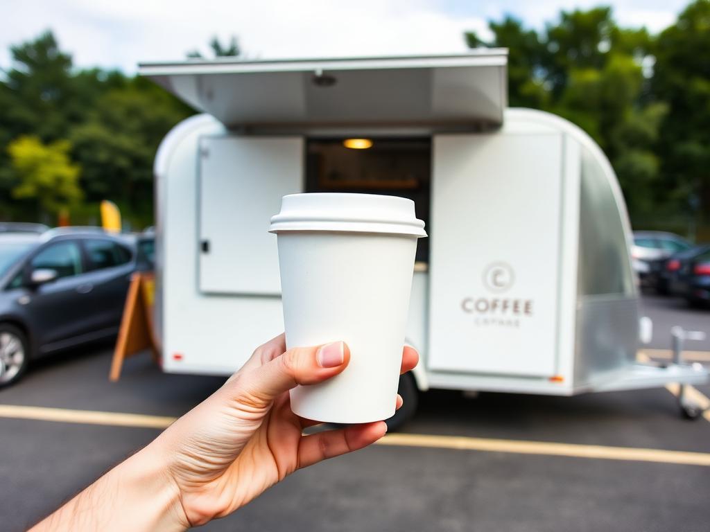 Hand holding a plain takeaway coffee cup in front of an open mobile coffee trailer in a car park