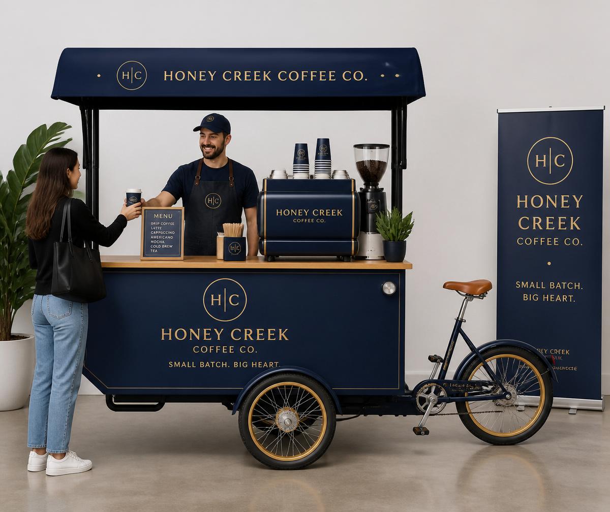 Fully branded mobile coffee cart with a barista serving customers