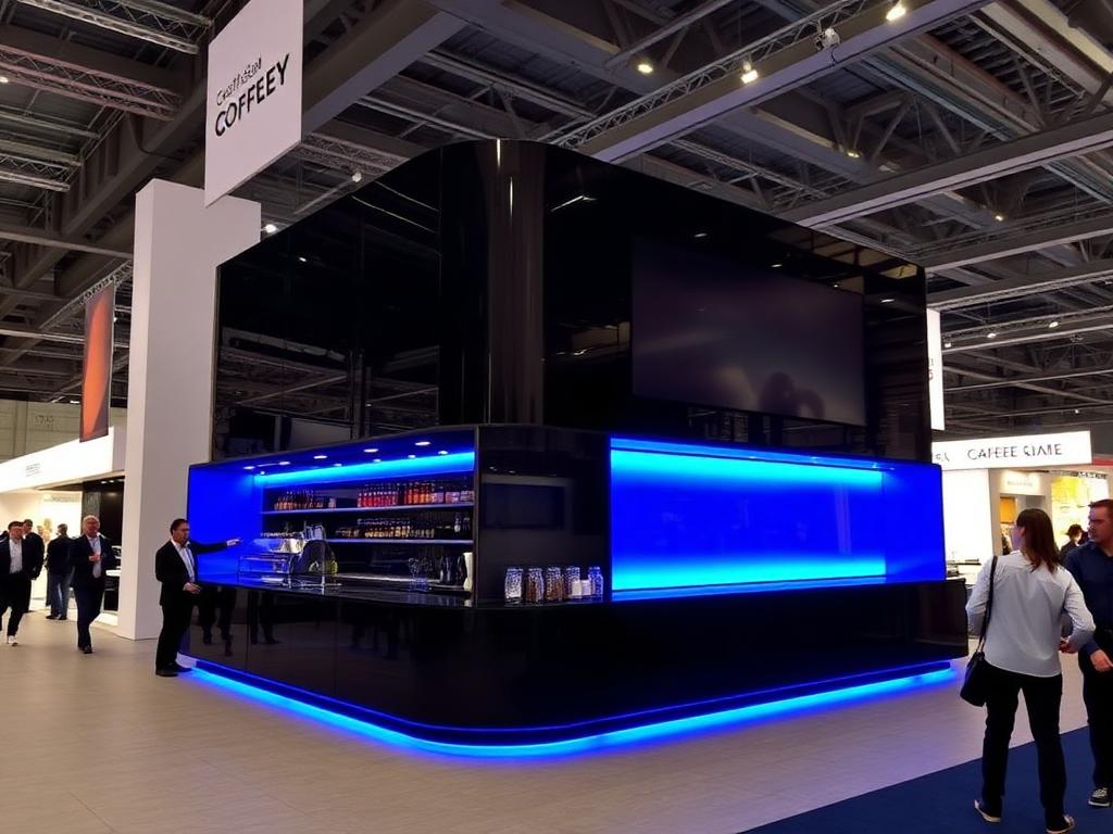 Illuminated coffee bar integrated into an exhibition stand