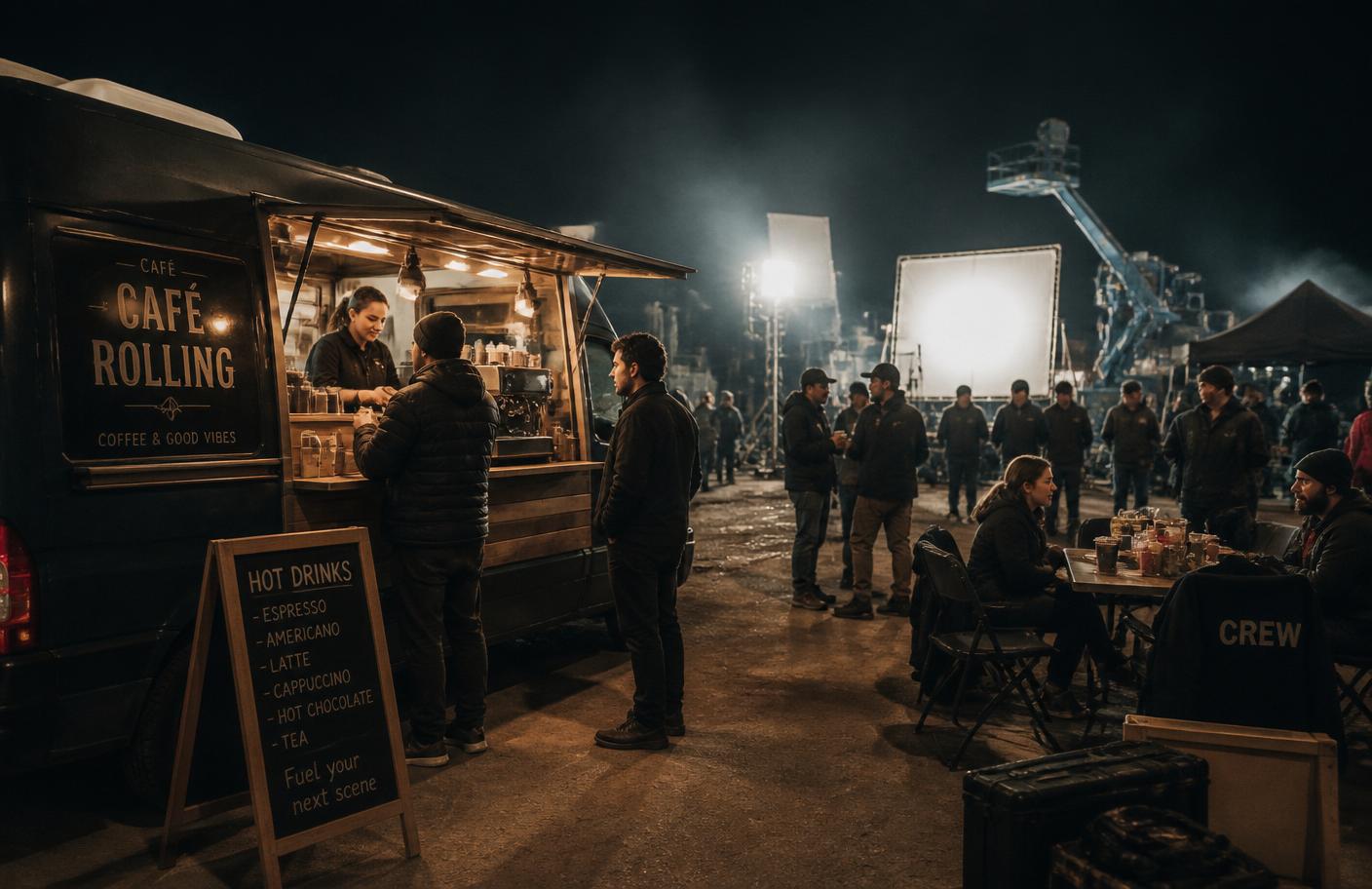 Mobile coffee van serving crew on a night film set