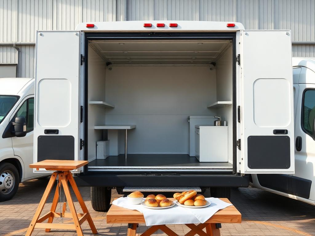 Open white mobile coffee cart at a location base with pastries laid out on a table beside production vehicles