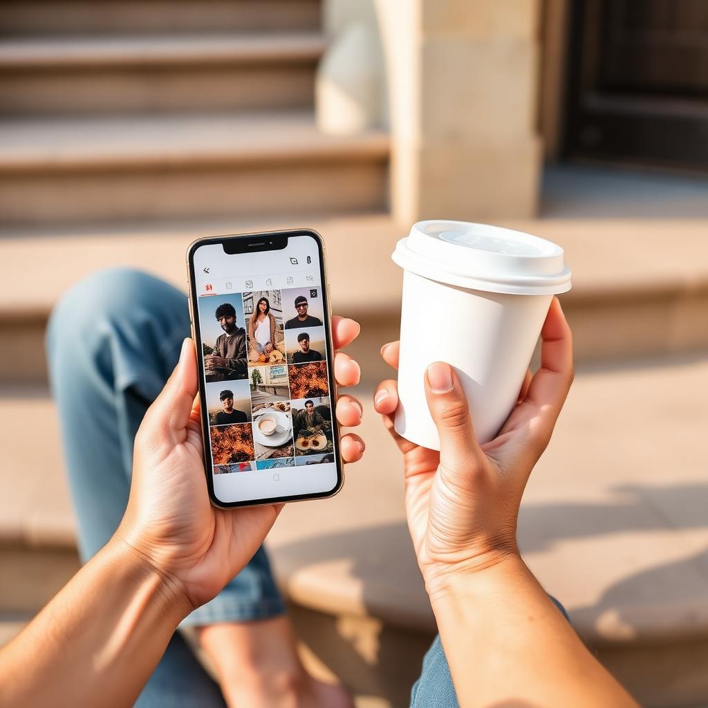 Person holding a phone showing a photo feed in one hand and a plain takeaway coffee cup in the other