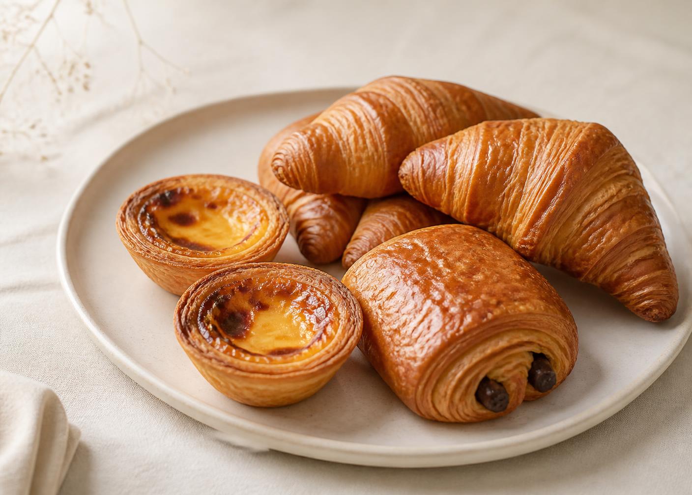 Croissants, pain au chocolat and pastel de nata on a pale ceramic platter