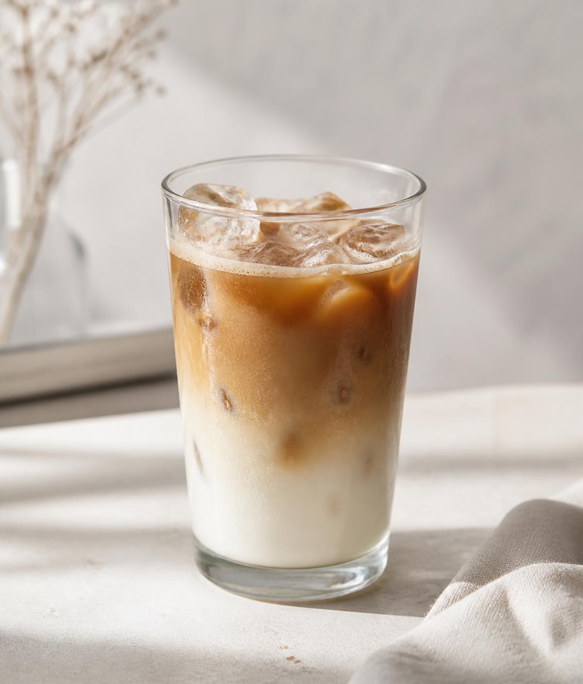 Iced latte in a clear glass with layered milk and ice