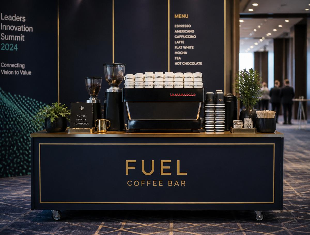 Branded mobile coffee bar counter set up indoors at an event