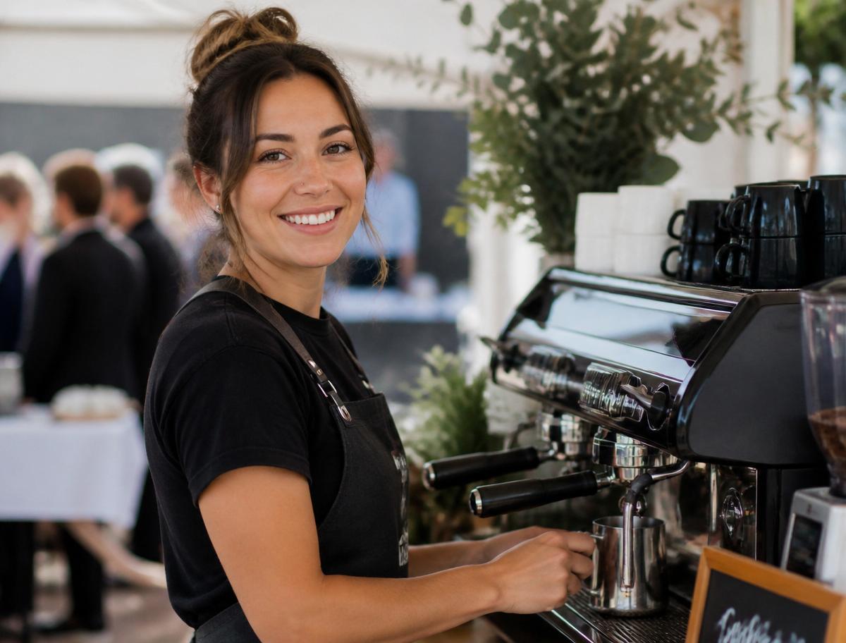 Smiling barista steaming milk beside a chrome espresso machine