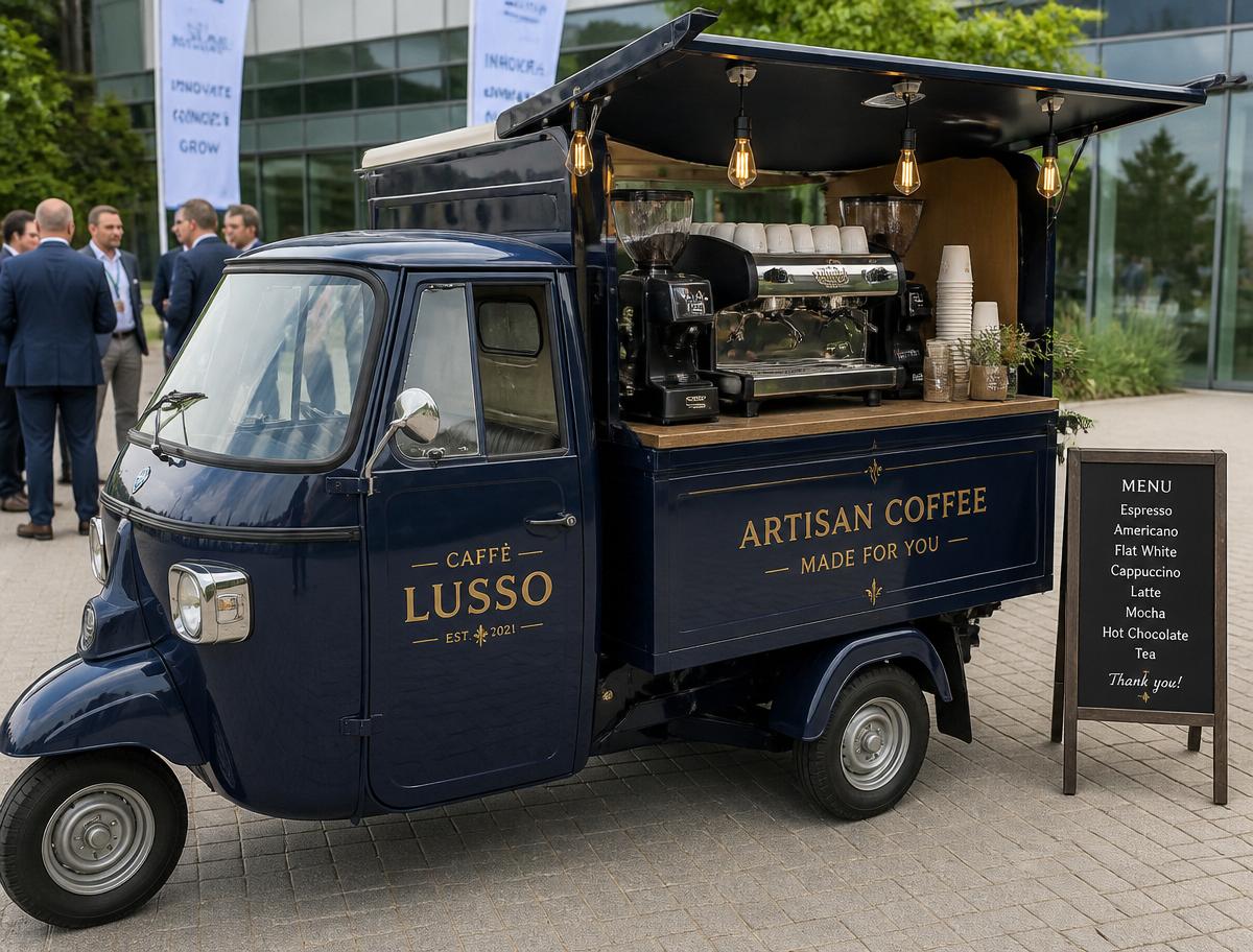 Branded navy mobile coffee van parked at a city venue