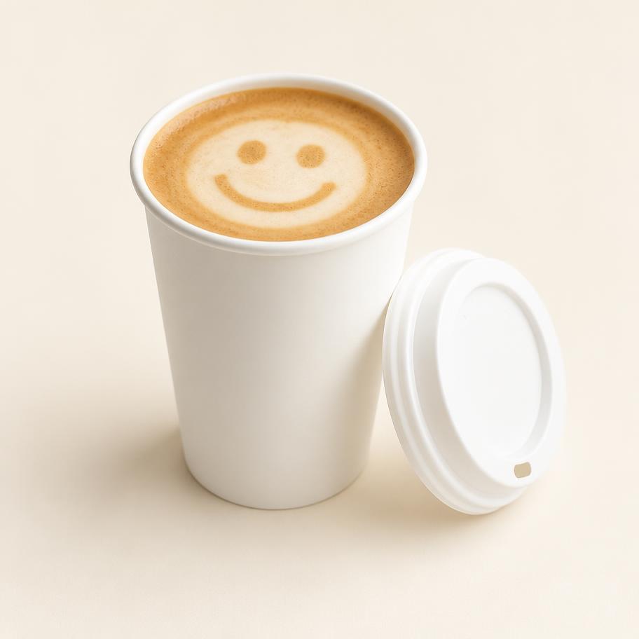 Takeaway coffee cup with a smiley latte art face and its lid resting beside it
